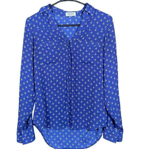 Express Womens Shirt Blue White Anchor Portofino Long Sleeve Button Down XS - Picture 1 of 14